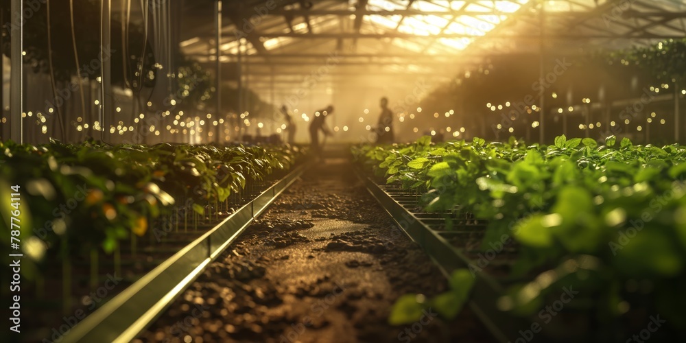 A serene image of a lush greenhouse with plants and glowing lights creating a warm, welcoming background atmosphere - obrazy, fototapety, plakaty 