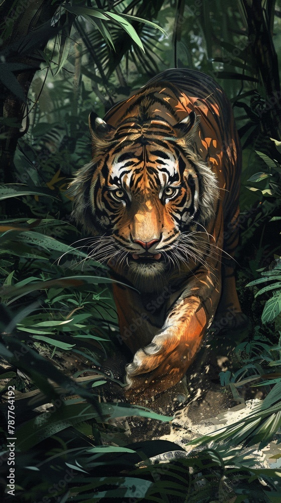 A ferocious tiger prowls the forest.