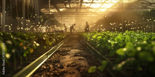 A serene image of a lush greenhouse with plants and glowing lights creating a warm, welcoming background atmosphere photo