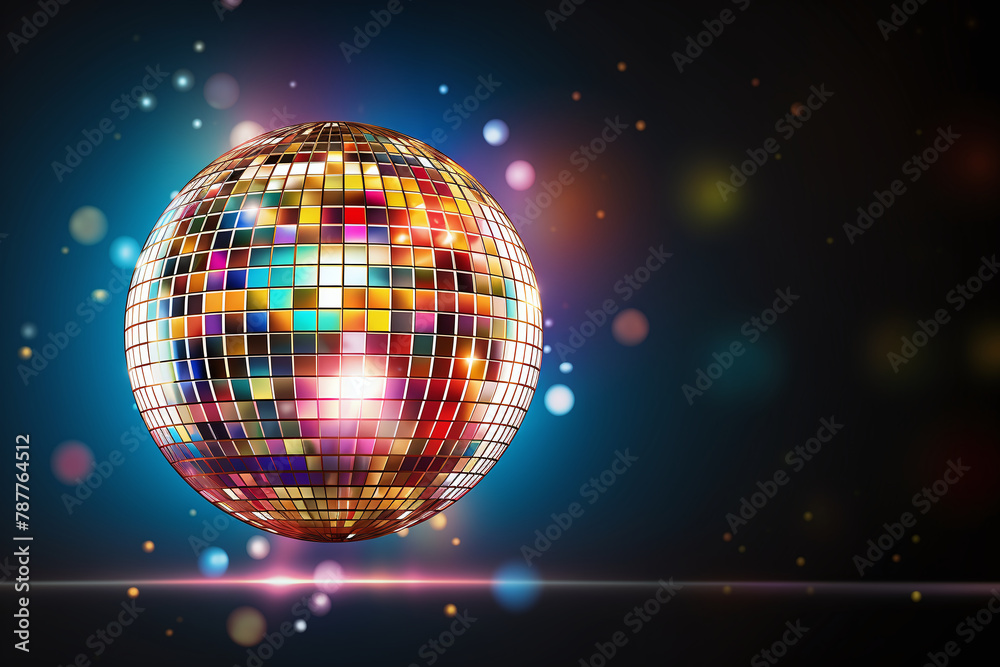 Obraz premium Vibrant disco ball banner, perfect for party decor, music events, and festive celebration backgrounds, with glowing lights and bokeh