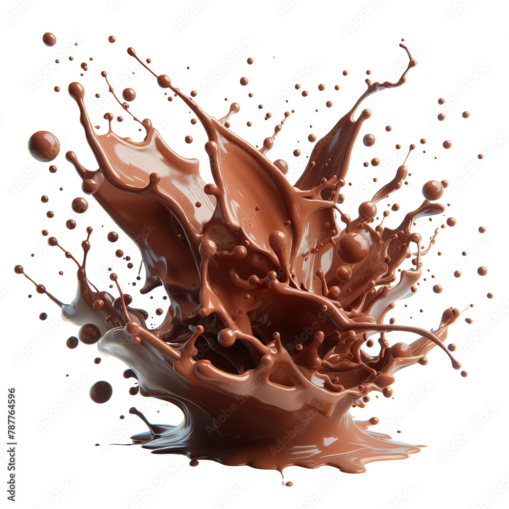 Fototapeta premium 3D splash of chocolate liquid, brown, white background, isolated object PNG