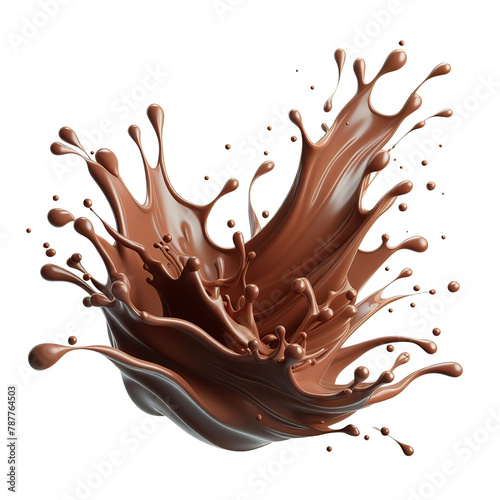 3D splash of chocolate liquid  brown  white background  isolated object PNG