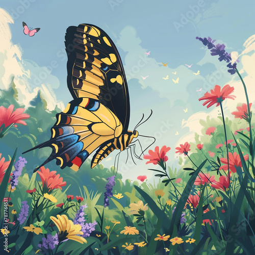 asthetic cartoon pic of a butterfly in a beautifl garden photo