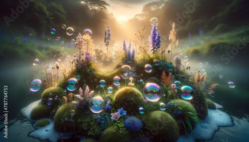 Mystic Forest Light with Ethereal Bubbles and Floral Hues