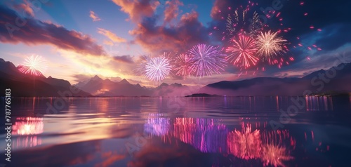 The image showcases a breathtaking fireworks display reflecting on a serene lake with mountains as the background  symbolizing celebration and reflection
