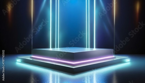 bathed in dramatic lighting, casting striking reflections against a dark background, evoking a sense of mystery and cutting-edge design.stage with spotlight An avant-garde futuristic podium 