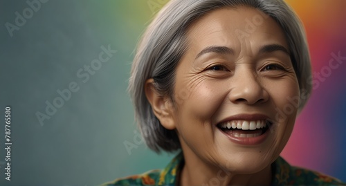 young asian elderly woman on plain bright colorful background laughing hysterically looking at camera background banner template ad marketing concept from Generative AI