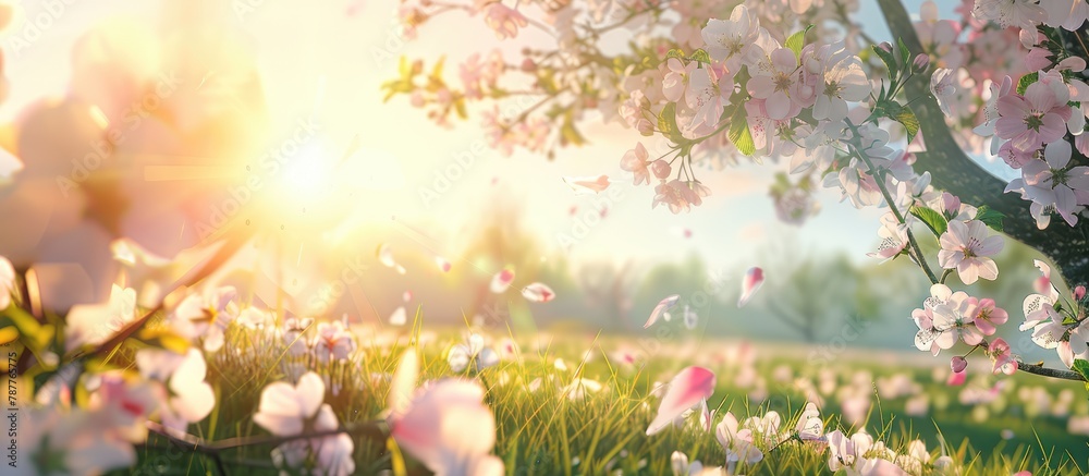 Background of blooming spring flowers with a beautiful nature scene featuring a blossoming tree and radiant sun. Clear skies and an orchard in full bloom create an ethereal,