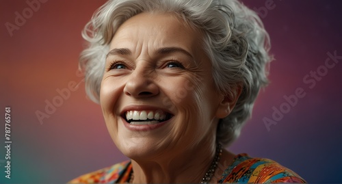 young caucasian elderly woman on plain bright colorful background laughing hysterically looking at camera background banner template ad marketing concept from Generative AI