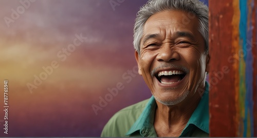 young filipino elderly man on plain bright colorful background laughing hysterically looking at camera background banner template ad marketing concept from Generative AI