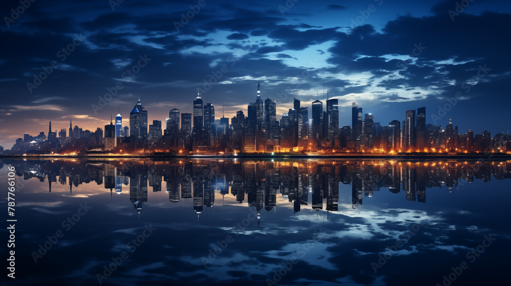 Fototapeta premium Panoramic view of the city on the horizon, with reflection on the ground at sunset
