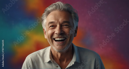 young white elderly man on plain bright colorful background laughing hysterically looking at camera background banner template ad marketing concept from Generative AI photo