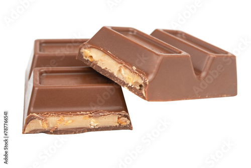 Pieces of delicious chocolate bar on white background, closeup.