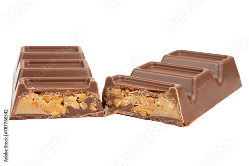 Pieces of delicious chocolate bar on white background, closeup.