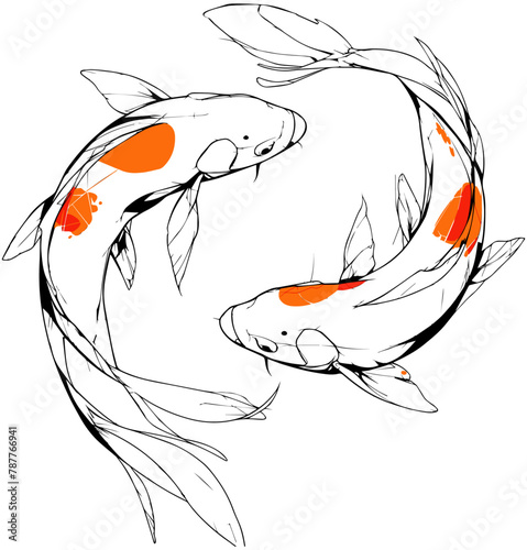 Artistic line drawing of two Koi fish circling, accented with orange spots, conveying yin-yang balance and harmony concept
