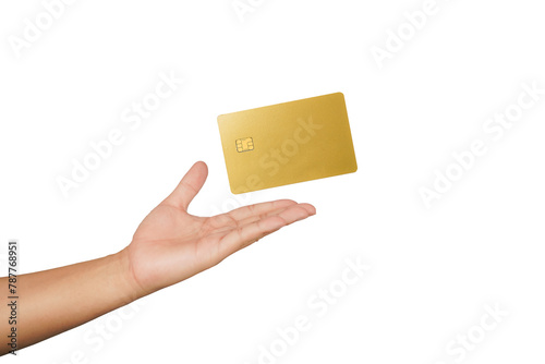 Bild auf Leinwand male hand holding floating gold Bank credit Card mockup template on isolated bac