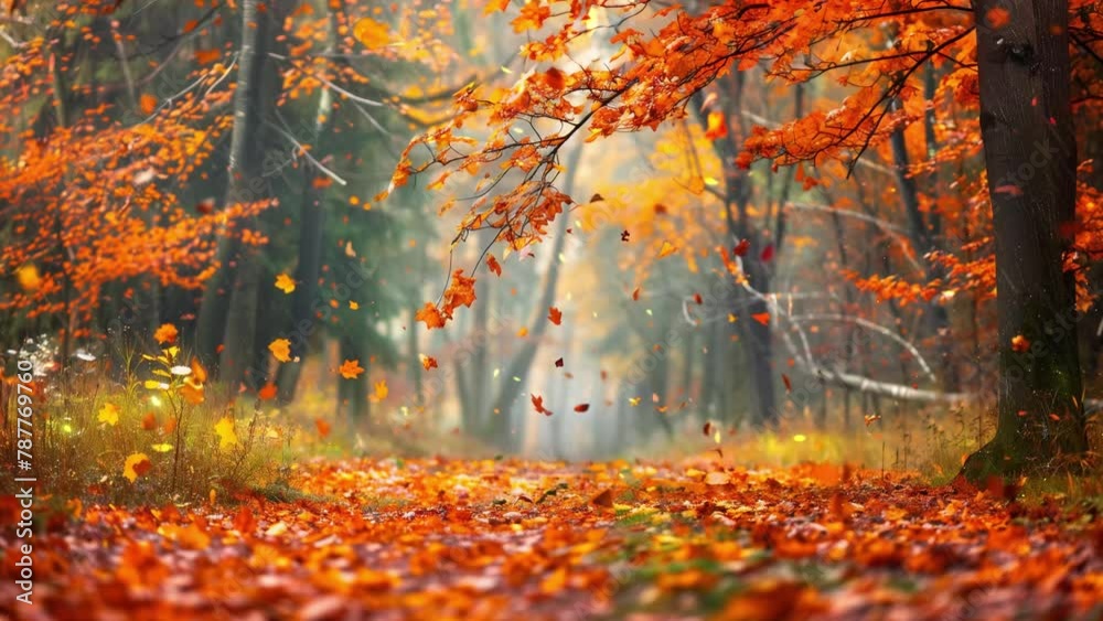 beautiful autumn park with orange falling leaves. seamless looping overlay 4k virtual video animation background