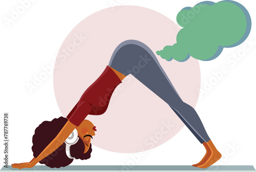 Woman In Yoga Pose Farting Vector Funny Cartoon Illustration. Girl exercising caught up in humorous embarrassing situation 
