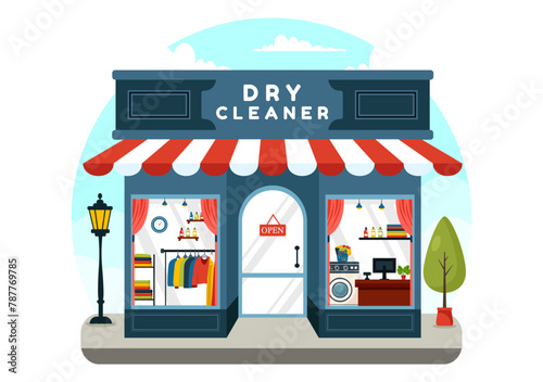 Dry Cleaning Store Service Vector Illustration with Washing Machines, Dryers and Laundry for Clean Clothing in Flat Cartoon Background Design