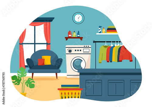 Dry Cleaning Store Service Vector Illustration with Washing Machines, Dryers and Laundry for Clean Clothing in Flat Cartoon Background Design © denayune