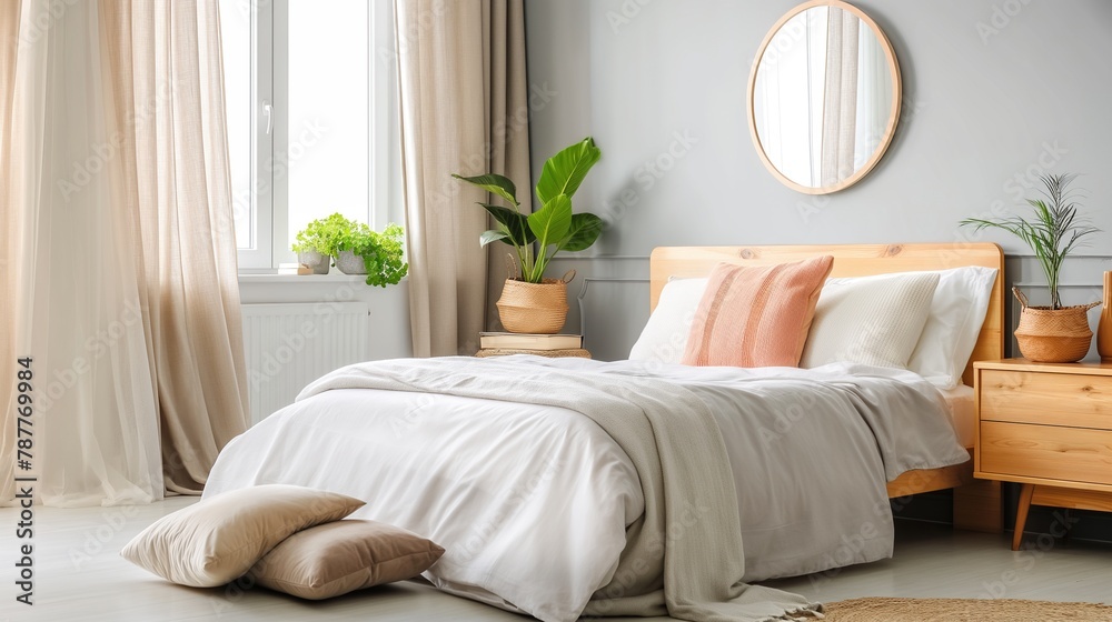 Scandinavian design Interior of bedroom with a wooden bed, beige and white bedding, a round mirror, a window and a potted plants. Calm and pastel palette