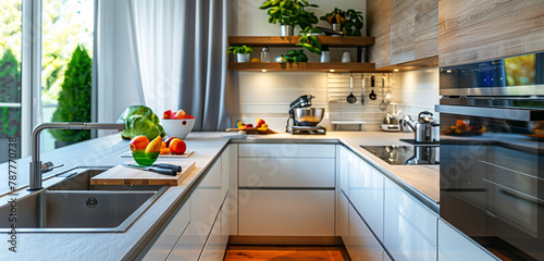A modern kitchen with countertops, stainless steel appliances, and smart cooking gadgets neatly organized