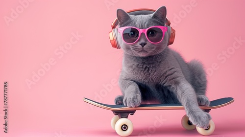 Cute gray kitten rides a skateboard wearing sunglasses and headphones, lloking at the camera photo