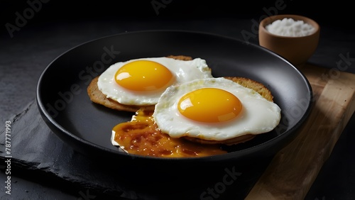 Sunny side up eggs presented on black dish on dark counter