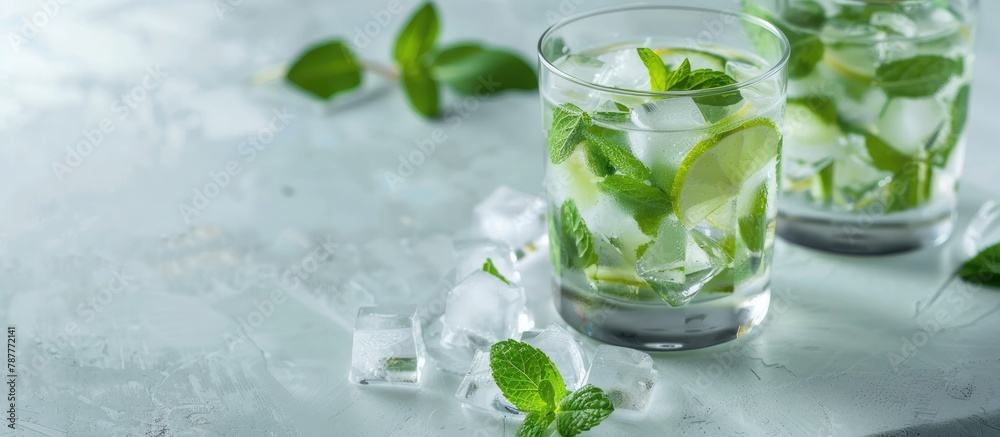 Mojito cocktail in highball glasses on a white concrete table, featuring rum, spearmint, lime juice, soda water, and ice. Mojito cocktail in highball glasses on a white concrete table, featuring rum, spearmint, lime juice, soda water, and ice.