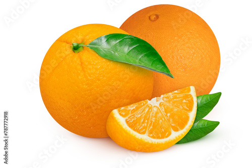 Oranges with leaves on an isolated white background.