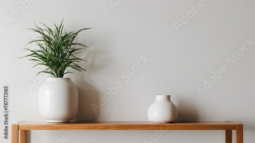 Plants showcased alongside vase on shelf against white wall