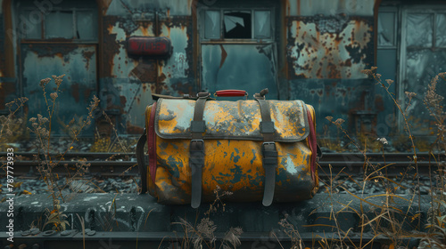 Rusted Suitcase on Train Track photo