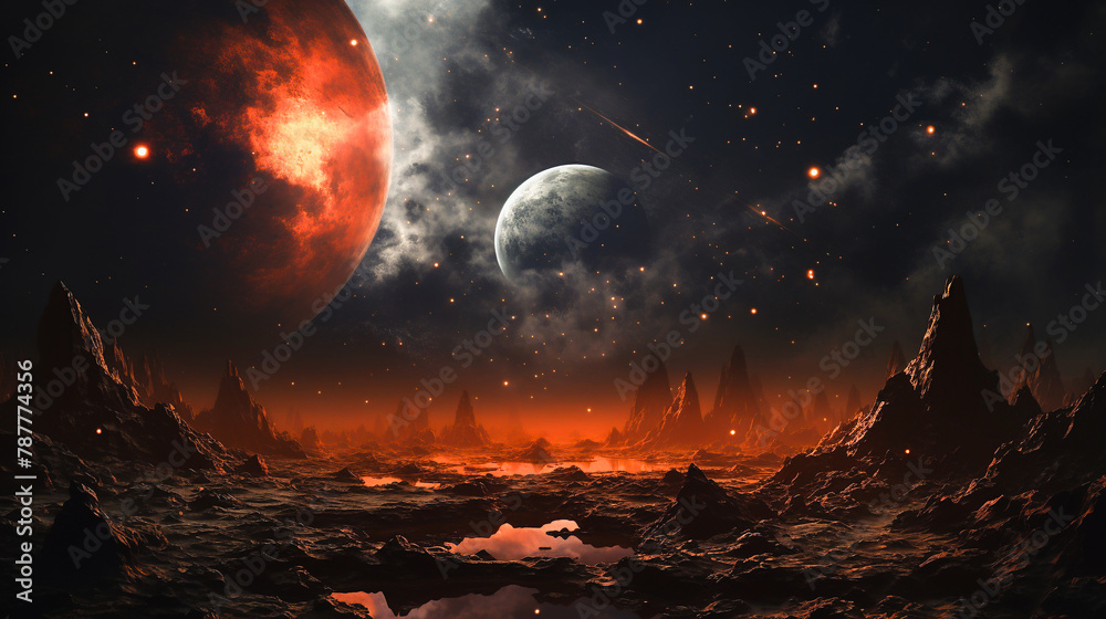 A red giant looms over an otherworldly landscape, casting a fiery glow across the horizon of an uncharted planet. A red giant looms over an otherworldly landscape, casting a fiery glow across the horizon of an uncharted planet.