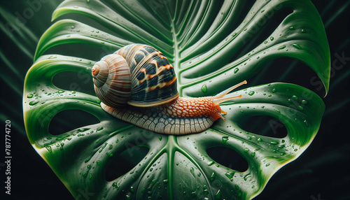 Colorful snail traverses the broad surface of a green leaf dotted with raindrops.