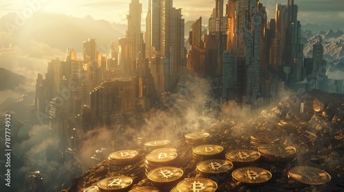 Futuristic cityscape at dusk with golden bitcoins in the forefront, hinting at the finance-tech crossover photo