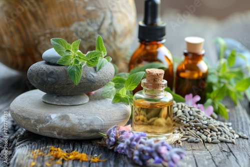 spa still life with essential oil and its ingredients