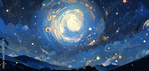 Hand drawn cartoon outdoor beautiful night sky abstract artistic illustration background 