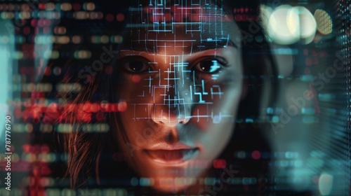Portrait photo of a woman whose face on which lumizing codes are depicted, concept: internet security, 16:9