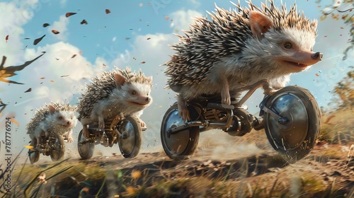 hedgehogs riding unicyles racing down a hill, 16:9 photo