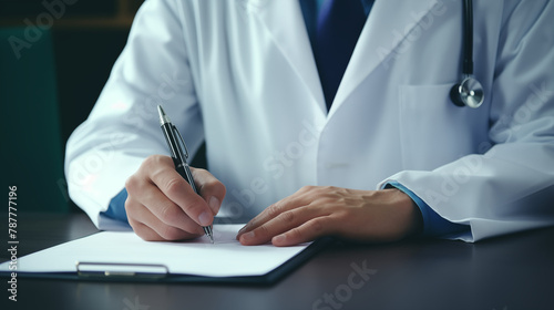 Doctor writing prescription while holding stethoscope, clipboard, and pen in medical office photo