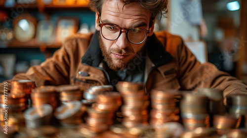 Man With Glasses Looking at Pile of Copper Coins