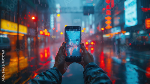 Person Holding Up Cell Phone in Rain photo