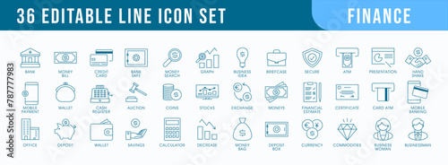 Vector finance editable stroke line icon set with money, bank, check, law, auction, exchance, payment, wallet, deposit, piggy, calculator, web and more isolated outline thin symbol