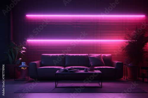 Livingroom with neon action wall background