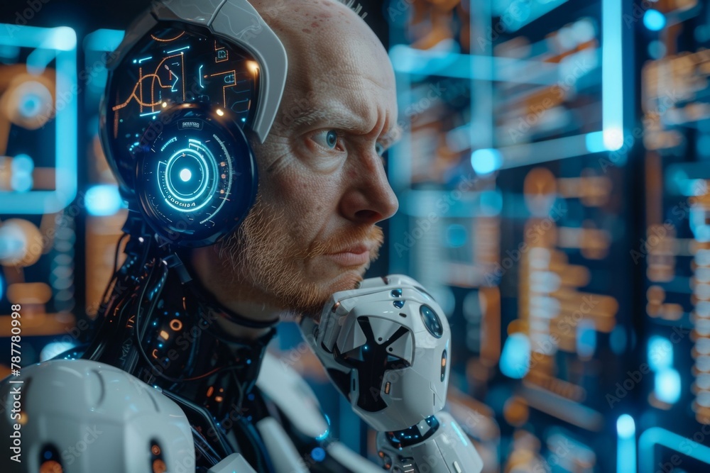 Fototapeta premium A man with a cyborg headgear ponders in front of futuristic displays.