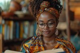 A woman in traditional African attire reads a book intently, surrounded by a cultural ambiance and rich history.