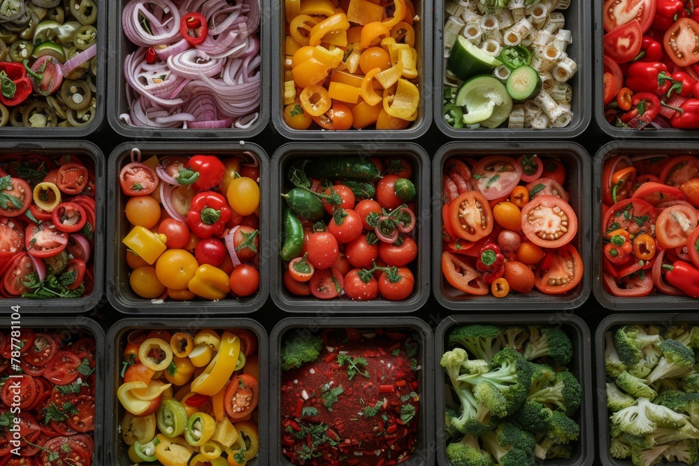 Neatly organized containers of sliced vegetables, meal preparation concept.