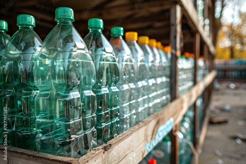 Rows of empty green plastic bottles with yellow and red caps stored on wooden shelves. Rows of empty green plastic bottles with yellow and red caps stored on wooden shelves.