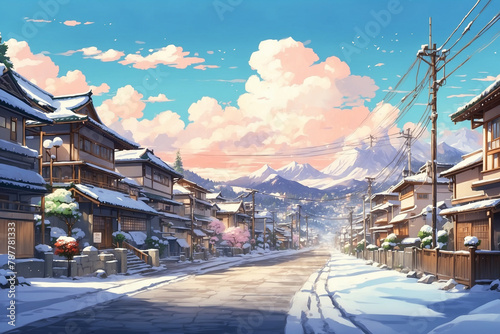 Residential areas on the left and right of the road with Japanese style houses. Snow in winter. In anime style