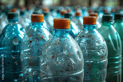 A close-up of wet, clear plastic bottles with orange caps ready for recycling.